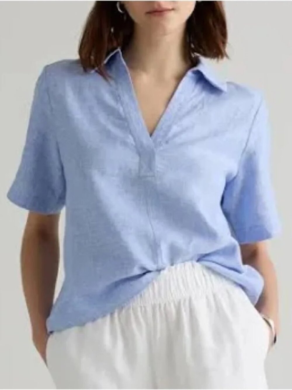 Quince 100% European Linen French Blue Short Sleeve V-Neckline Popover Top L